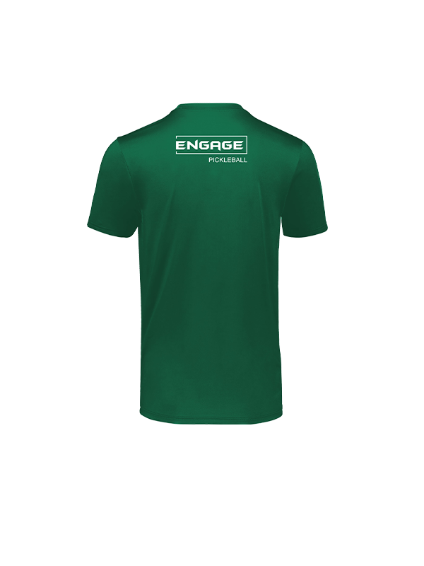 Green men's essential tee by EngagePickleball, featuring "ENGAGE PICKLEBALL" logo on the back.