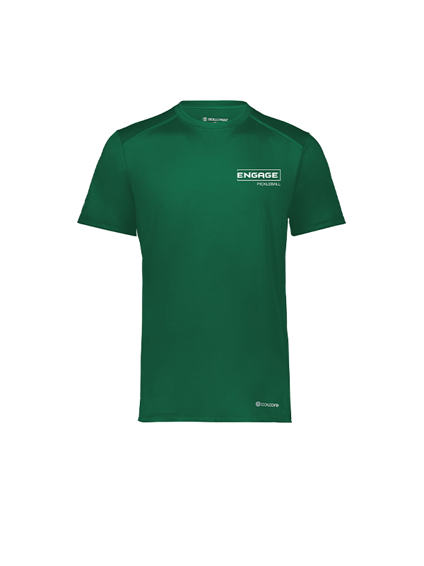 Green men's short-sleeve athletic t-shirt by EngagePickleball, with 'ENGAGE PICKLEBALL' logo on the chest, a Holloway neck logo, and Coolcore text on the hem.