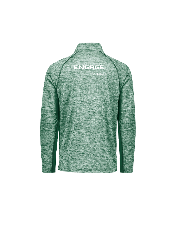Green heathered men's 1/2 zip pullover by EngagePickleball with a white logo on the back and dark green side panels.