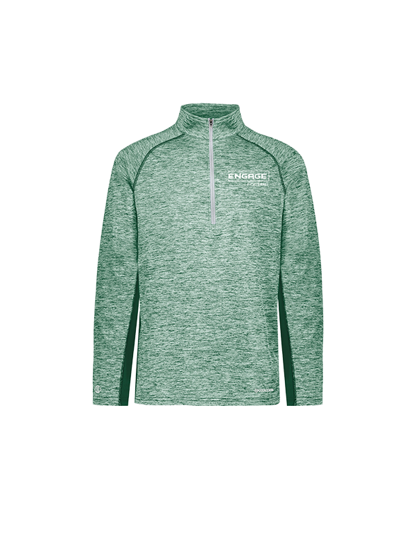 Men's green heathered 1/2 zip pullover by EngagePickleball, with a white "ENGAGE pickleball" logo, silver zipper, and dark green side panels.