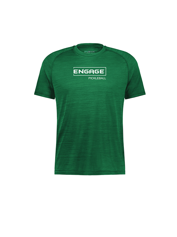 Green heathered men's t-shirt by EngagePickleball with raglan sleeves and "ENGAGE" in a white box above "PICKLEBALL" on the chest.