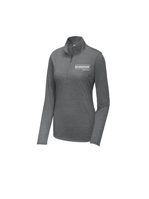 A women's gray 1/4-zip pullover by EngagePickleball, featuring long sleeves and a white logo on the left chest.