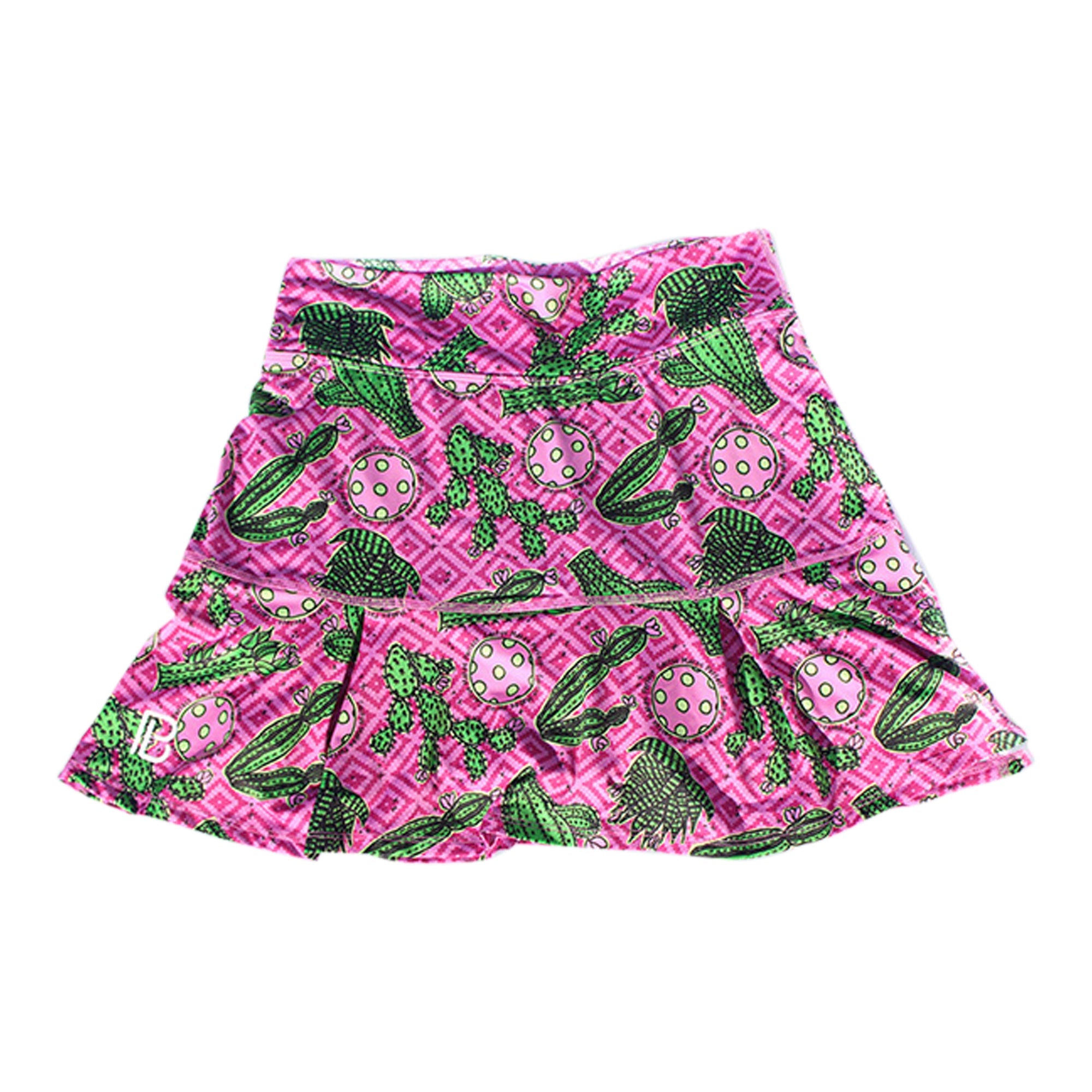 Pink drop pleat skort by Pickleball Bella with green cactus and pink polka dot pattern.