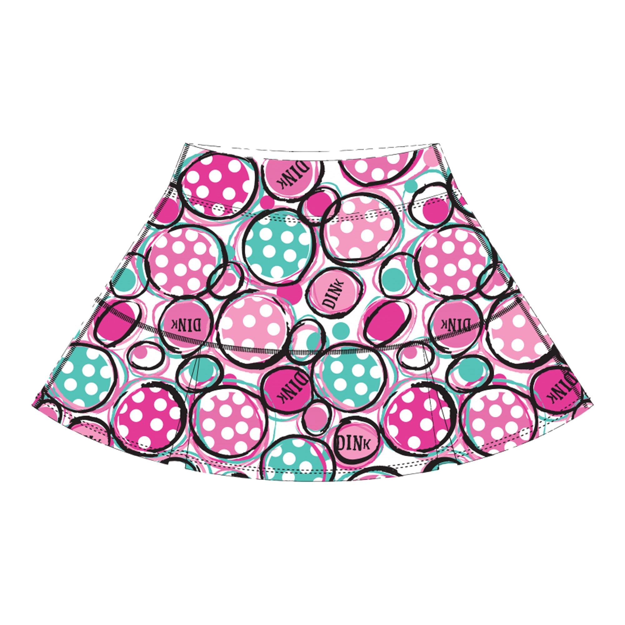 White drop pleat skort by Pickleball Bella with pink and teal polka dot circles, black outlines, and "DINK" text.