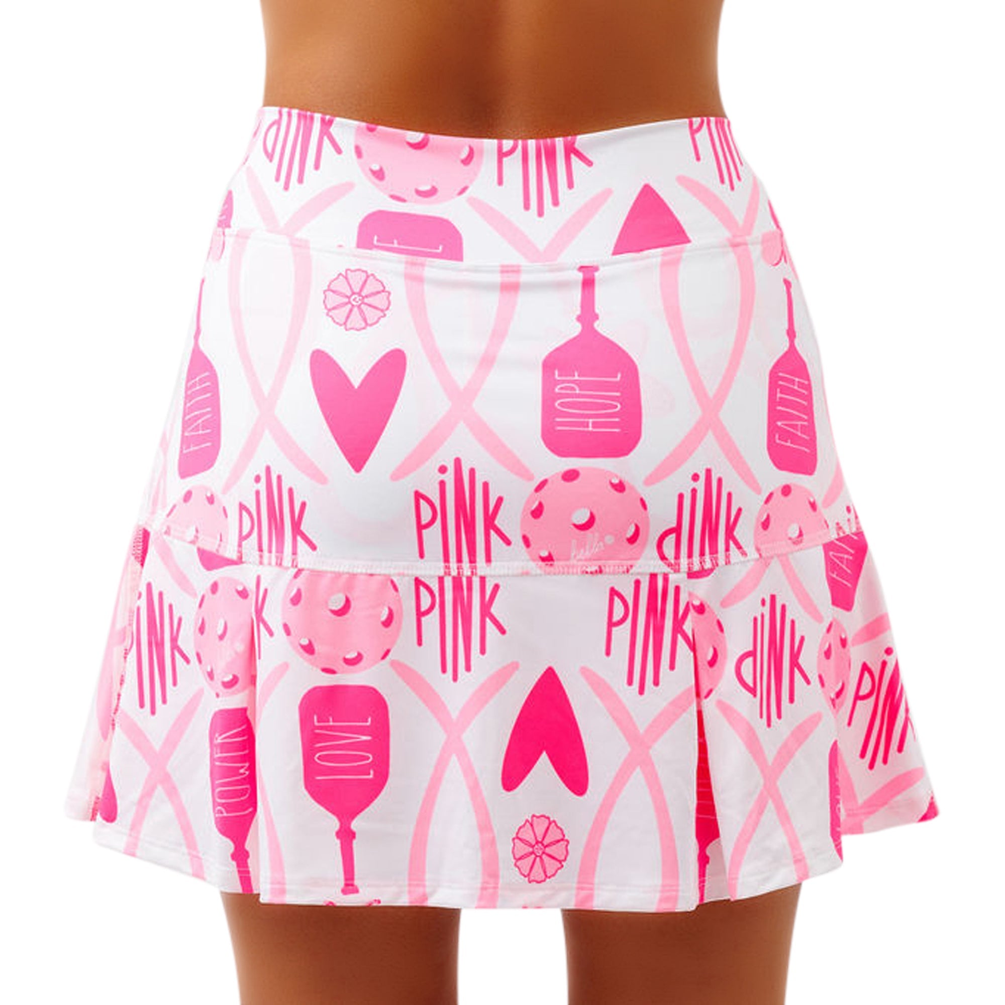 White and pink drop pleat skort by Pickleball Bella featuring breast cancer awareness themed patterns and words.