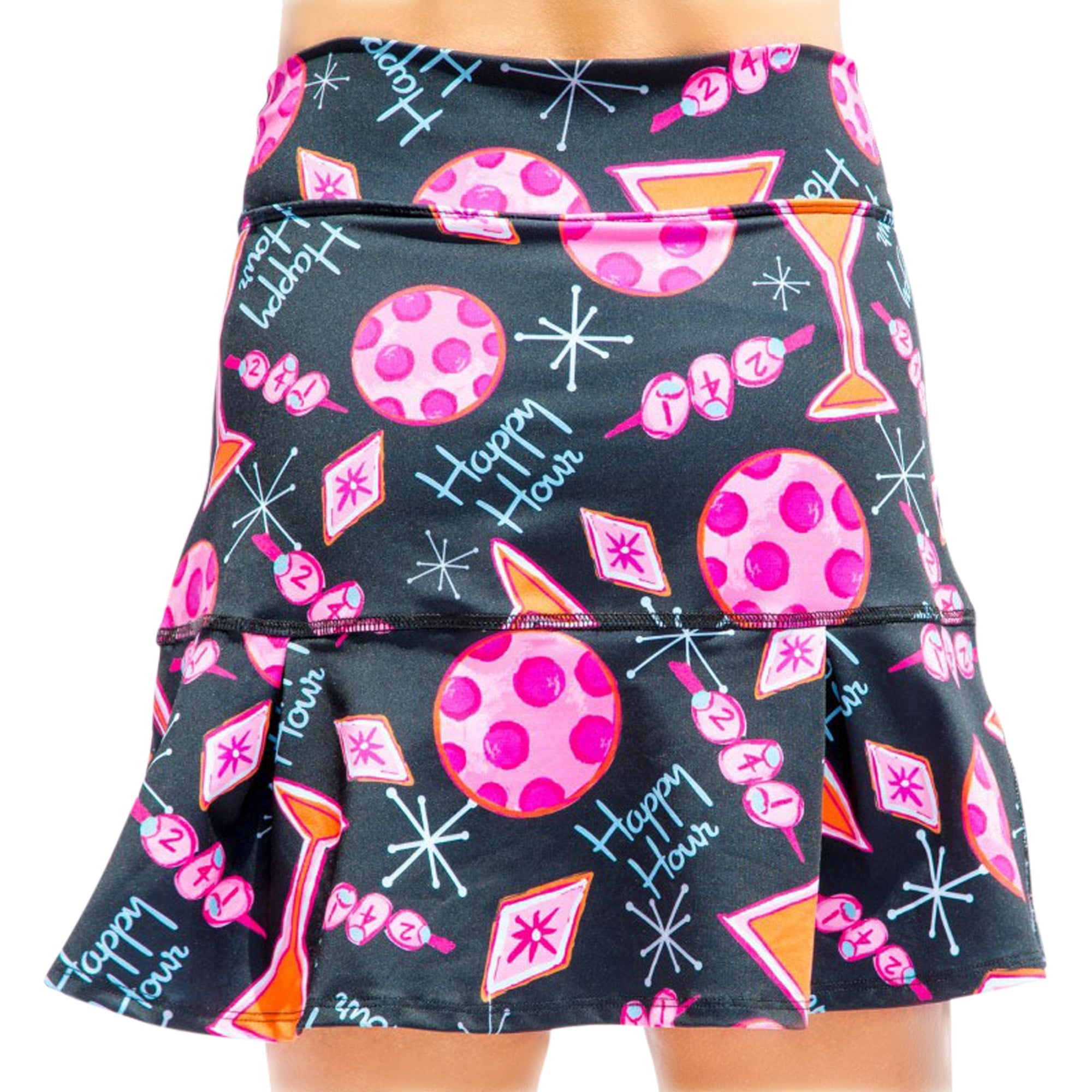 Dark gray pleat skort by Pickleball Bella with a vibrant "Happy Hour" pattern of martini glasses, polka dots, and "2-4-1" skewers.