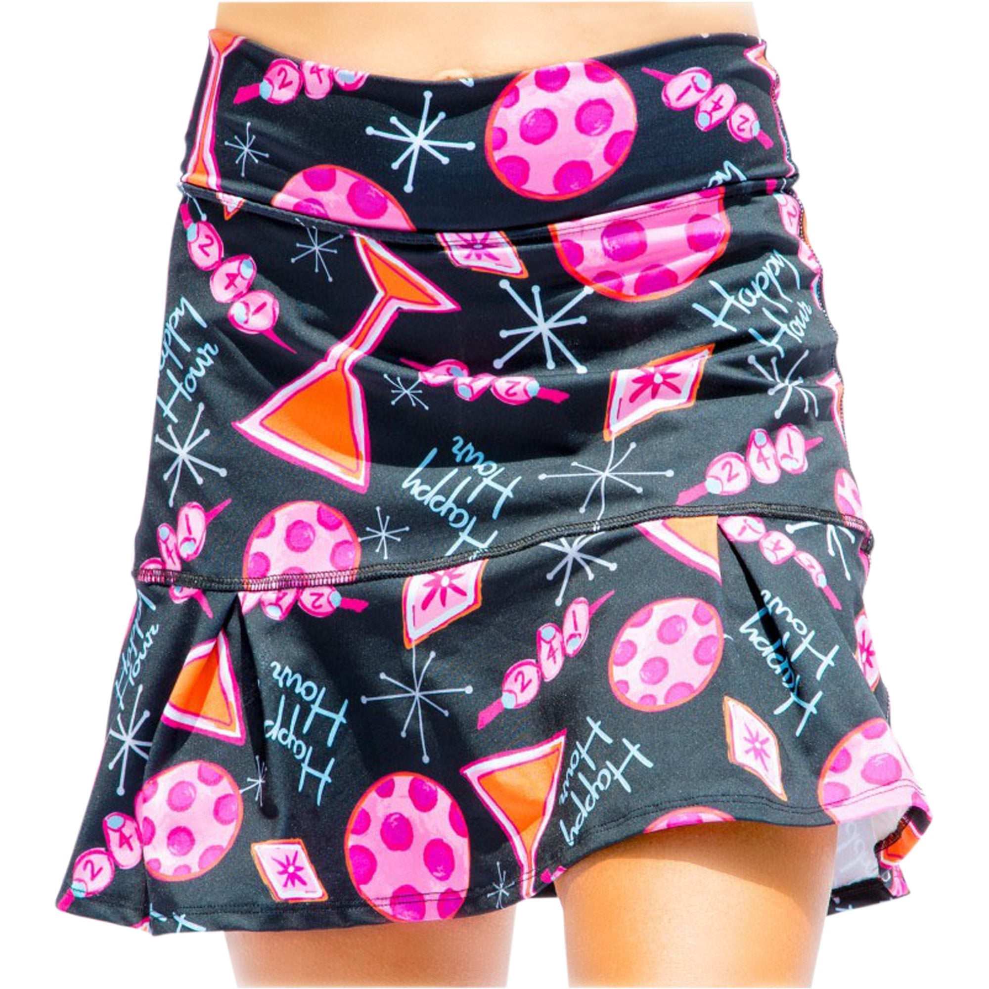 Black pleat skort by Pickleball Bella, featuring a fun print of pink cocktails, numbered olives, and starbursts.
