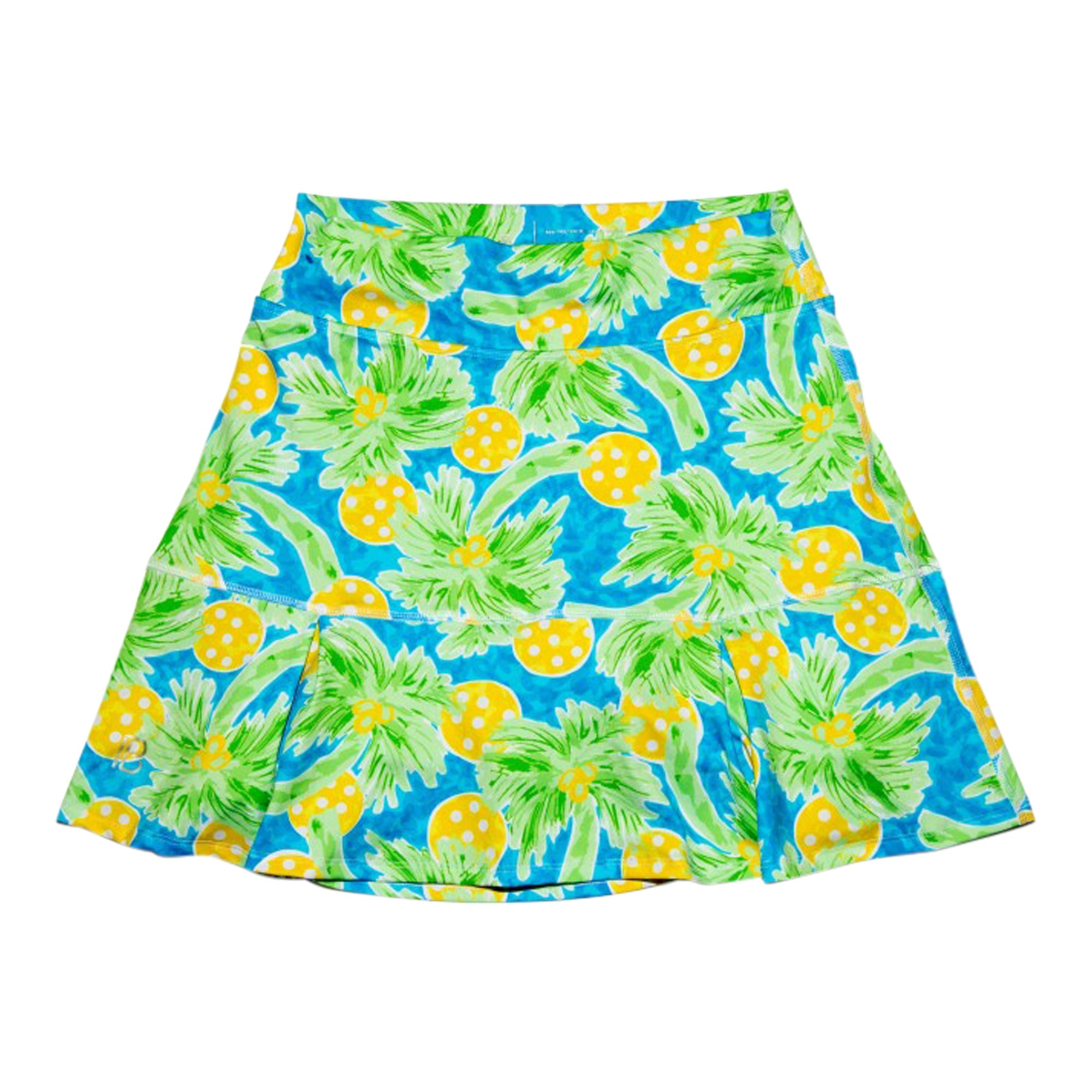 Blue and green patterned drop pleat skort by Pickleball Bella, featuring a tropical palm and yellow polka dot fruit print.