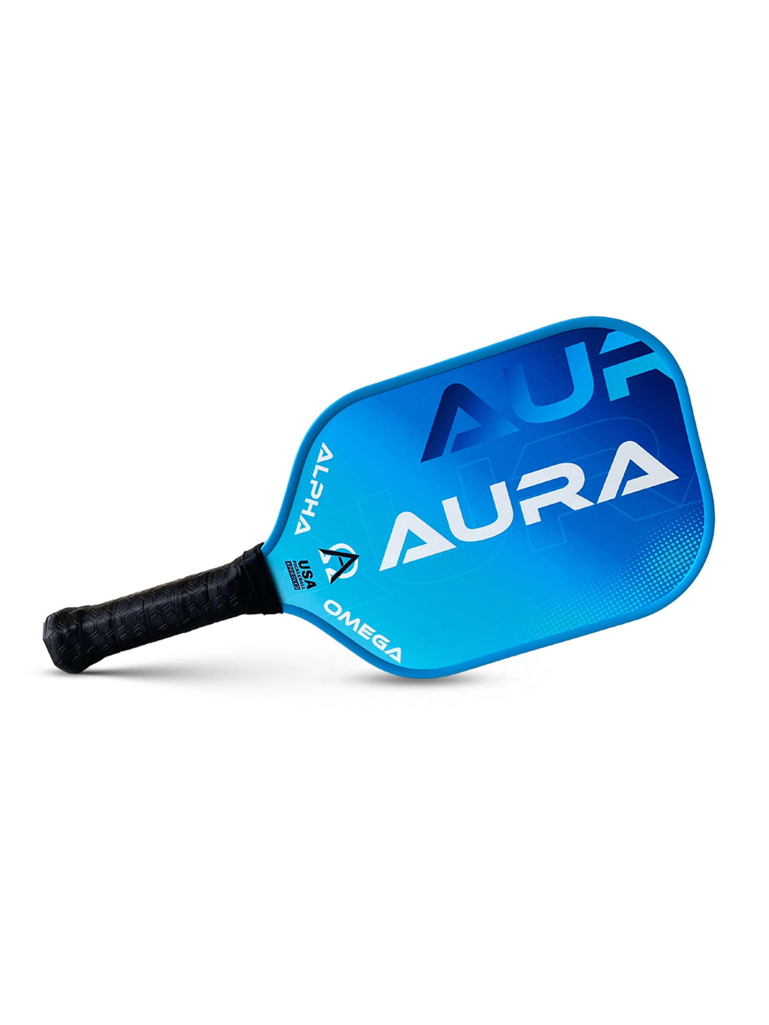 Blue and white pickleball paddle with black handle.