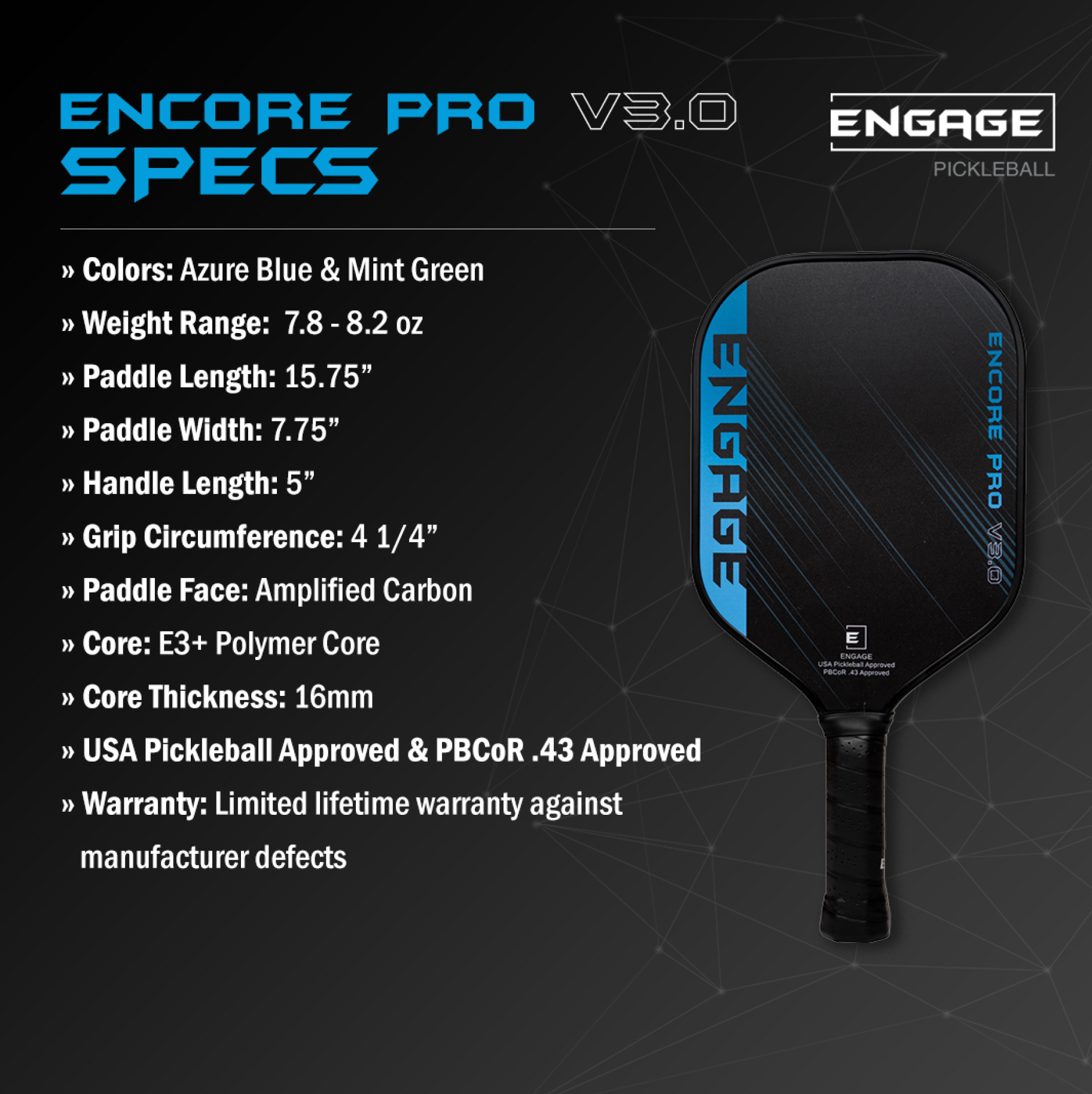 Black and blue carbon fiber pickleball paddle by EngagePickleball, with a textured grip, shown alongside detailed product specifications.