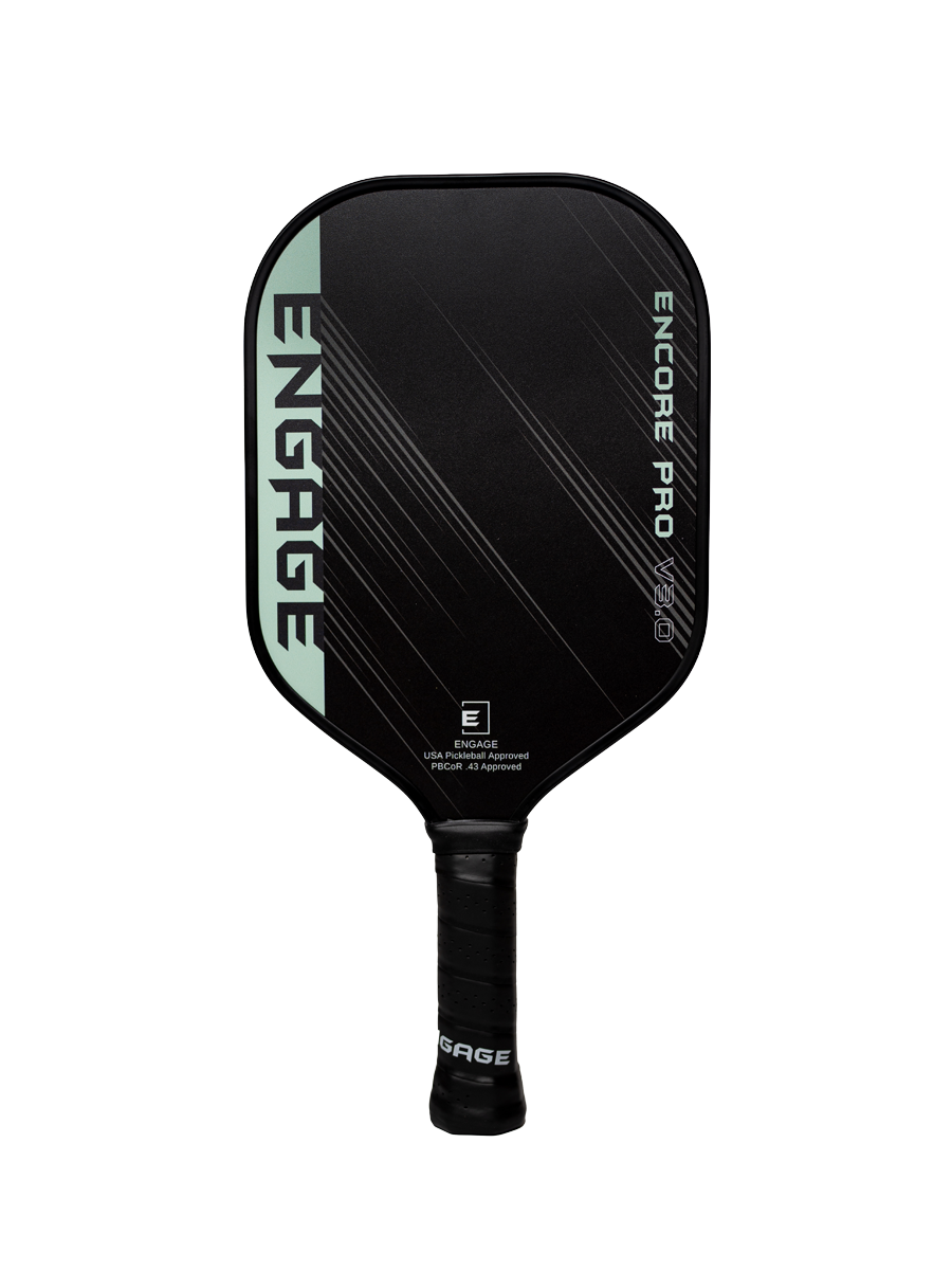 Black pickleball paddle by EngagePickleball, with a light green stripe, "ENGAGE" and "ENCORE PRO V3.0" text.