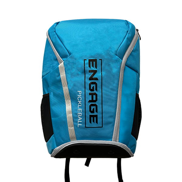 Blue pickleball backpack by EngagePickleball with black mesh side pockets, gray trim, a silver reflective strip, and the vertical "ENGAGE PICKLEBALL" logo on the front.