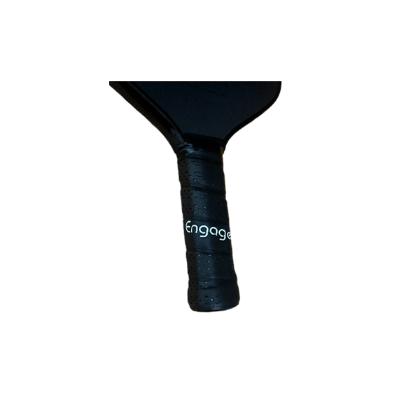 Black perforated cushion grip by EngagePickleball with "Engage" logo written vertically in white on the handle.
