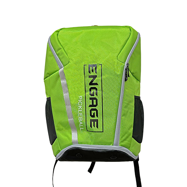 Green pickleball backpack by EngagePickleball, with a black vertical logo, reflective stripes, and mesh side pockets.