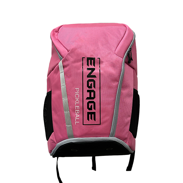 Pink fabric court backpack by EngagePickleball with a black logo, silver reflective strips, and grey zippers.