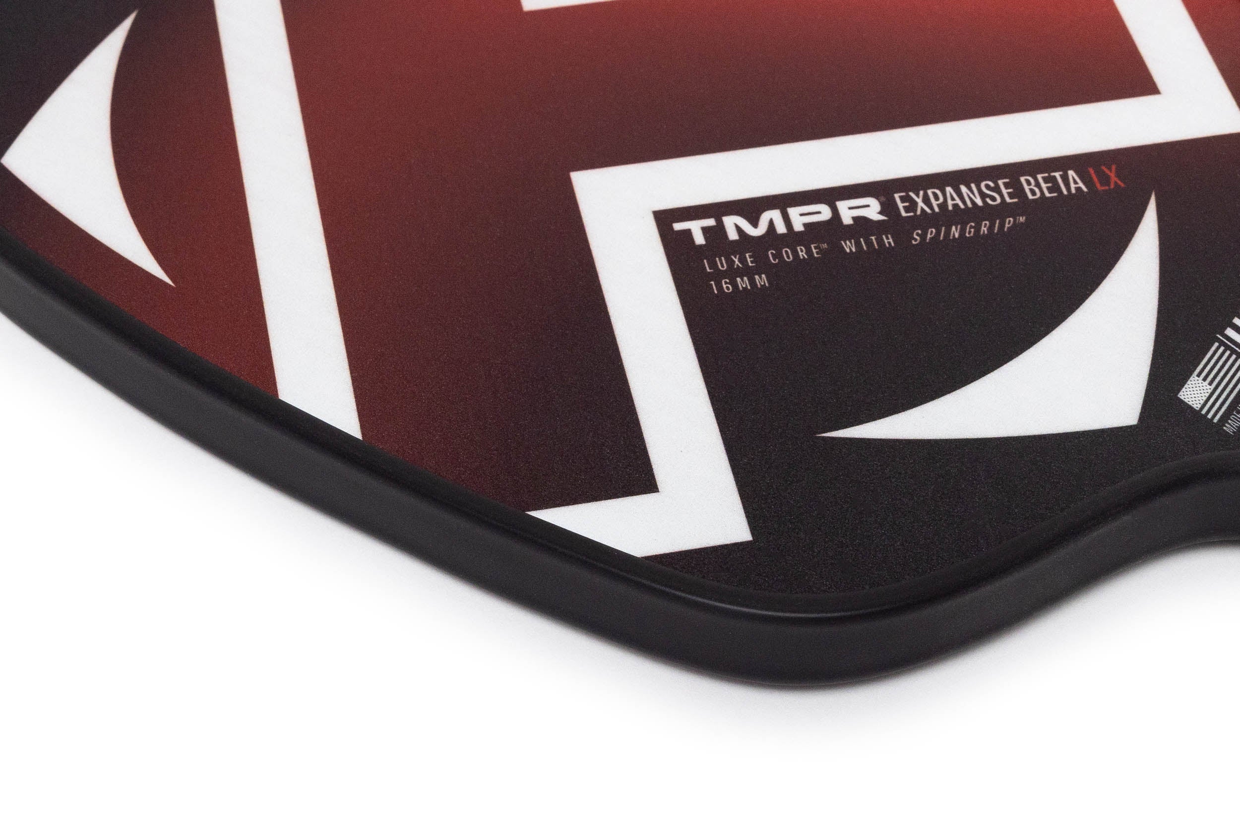 Expanse Beta LX 16MM pickleball paddle by TMPR Sports, featuring a red to black gradient, white geometric patterns, and a black edge.
