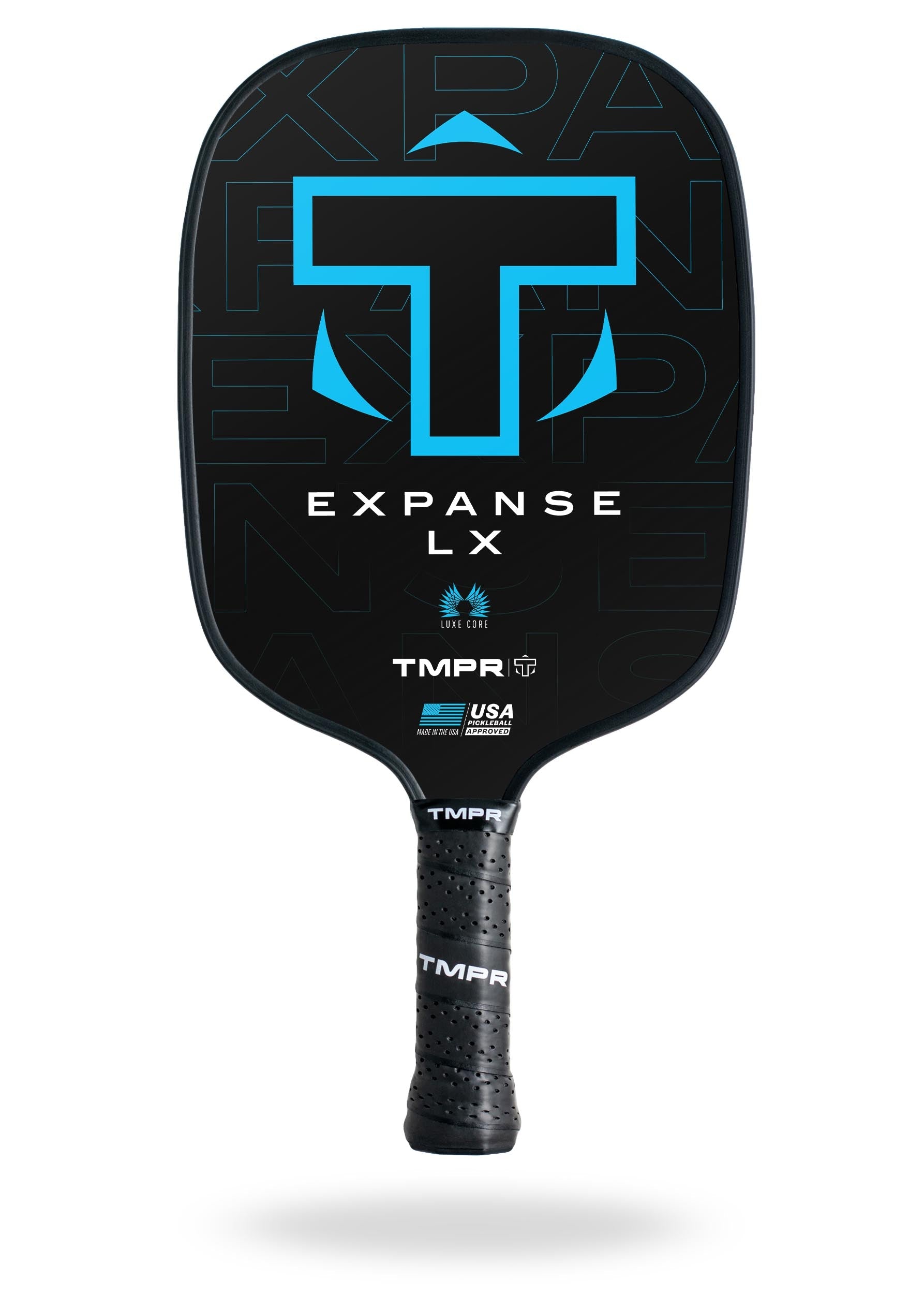 Black pickleball paddle by TMPR Sports featuring a blue T-logo, 'Expanse LX' text, and textured grip.