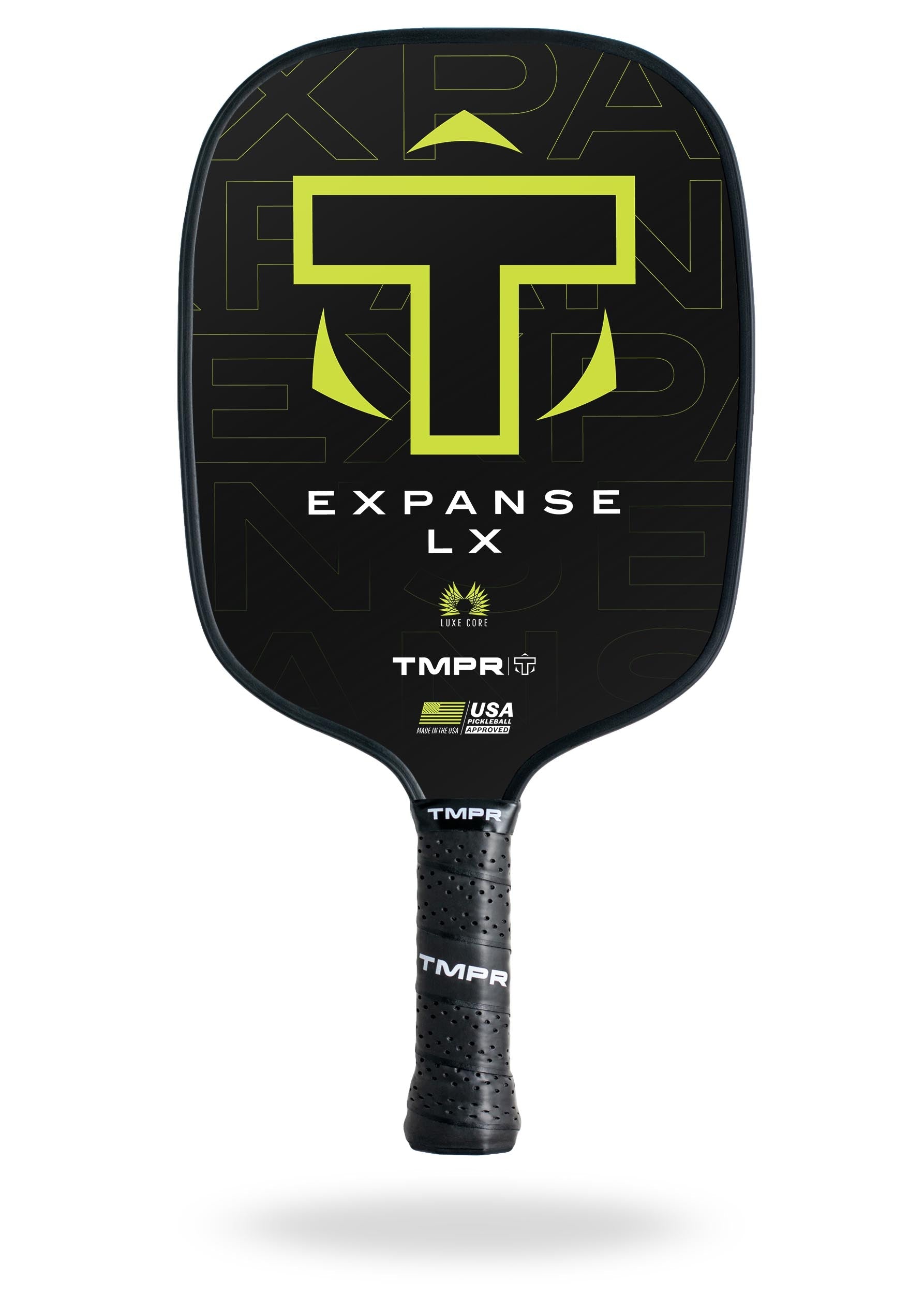 Black and neon green pickleball paddle by TMPR Sports featuring a prominent T-logo and subtle Expanse lettering.