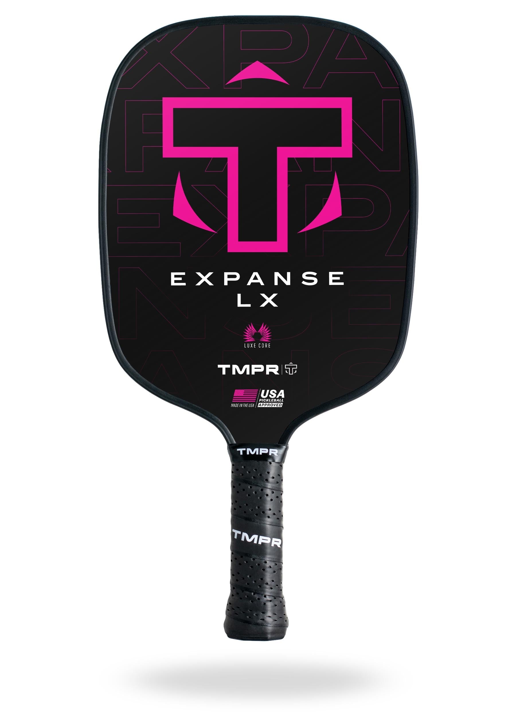 Black and pink pickleball paddle by TMPR Sports, featuring geometric patterns, 'EXPANSE LX' text, and a textured black grip.