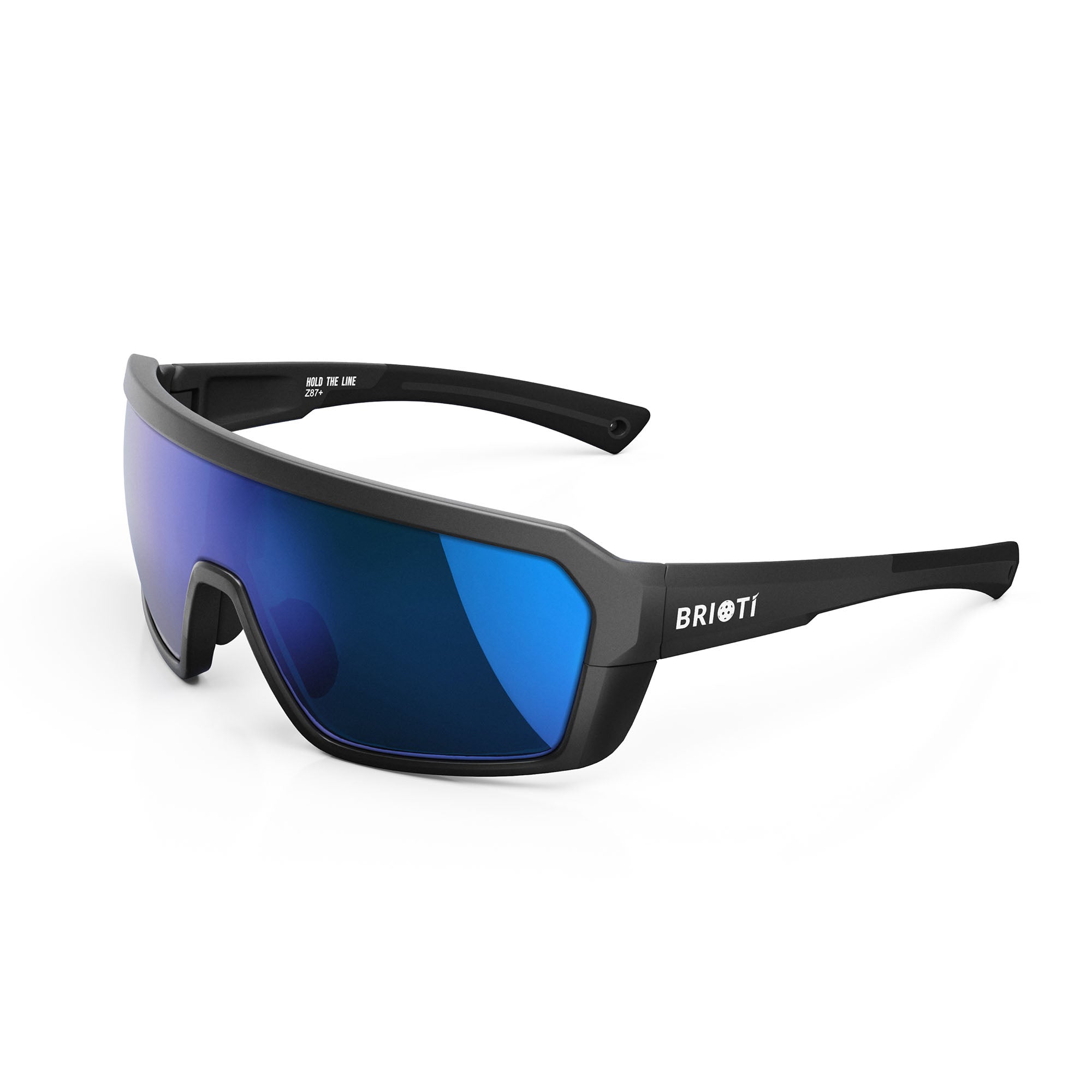 Black sunglasses with blue lenses.