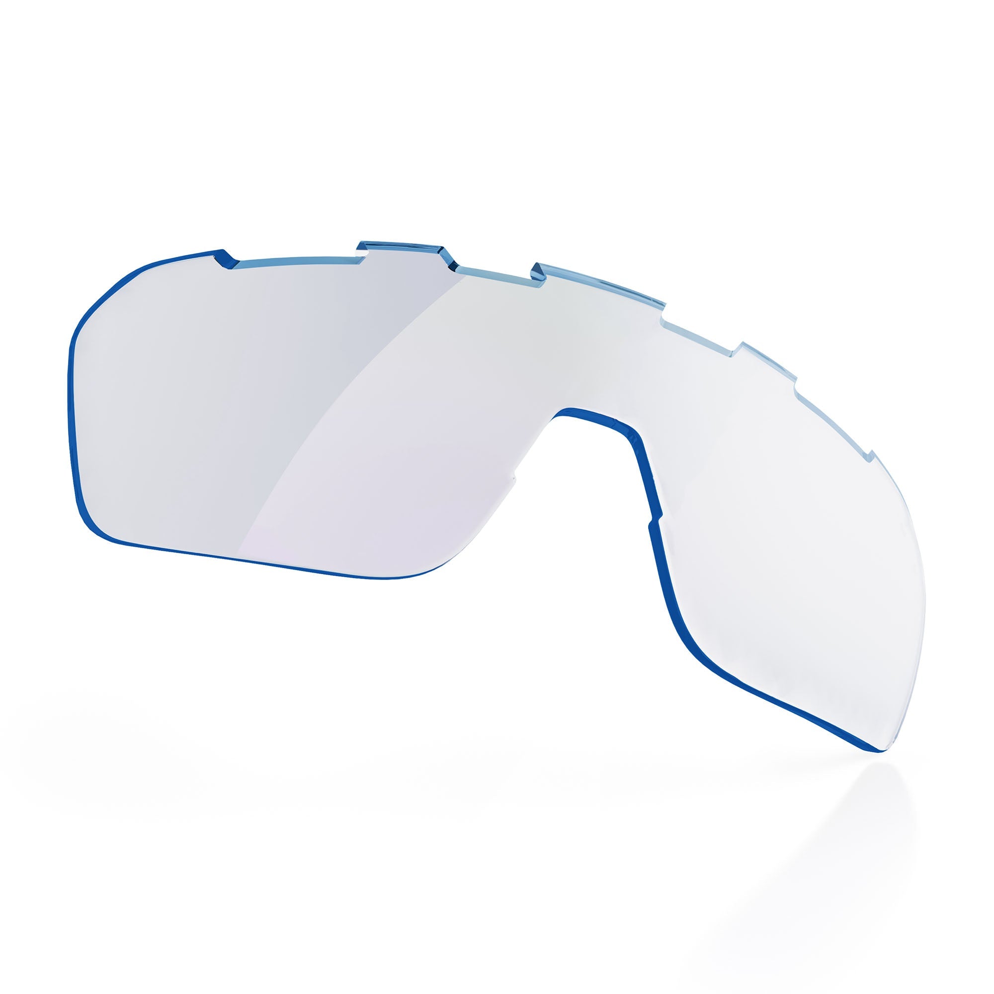 Blue-rimmed ski goggle lens on a white background.