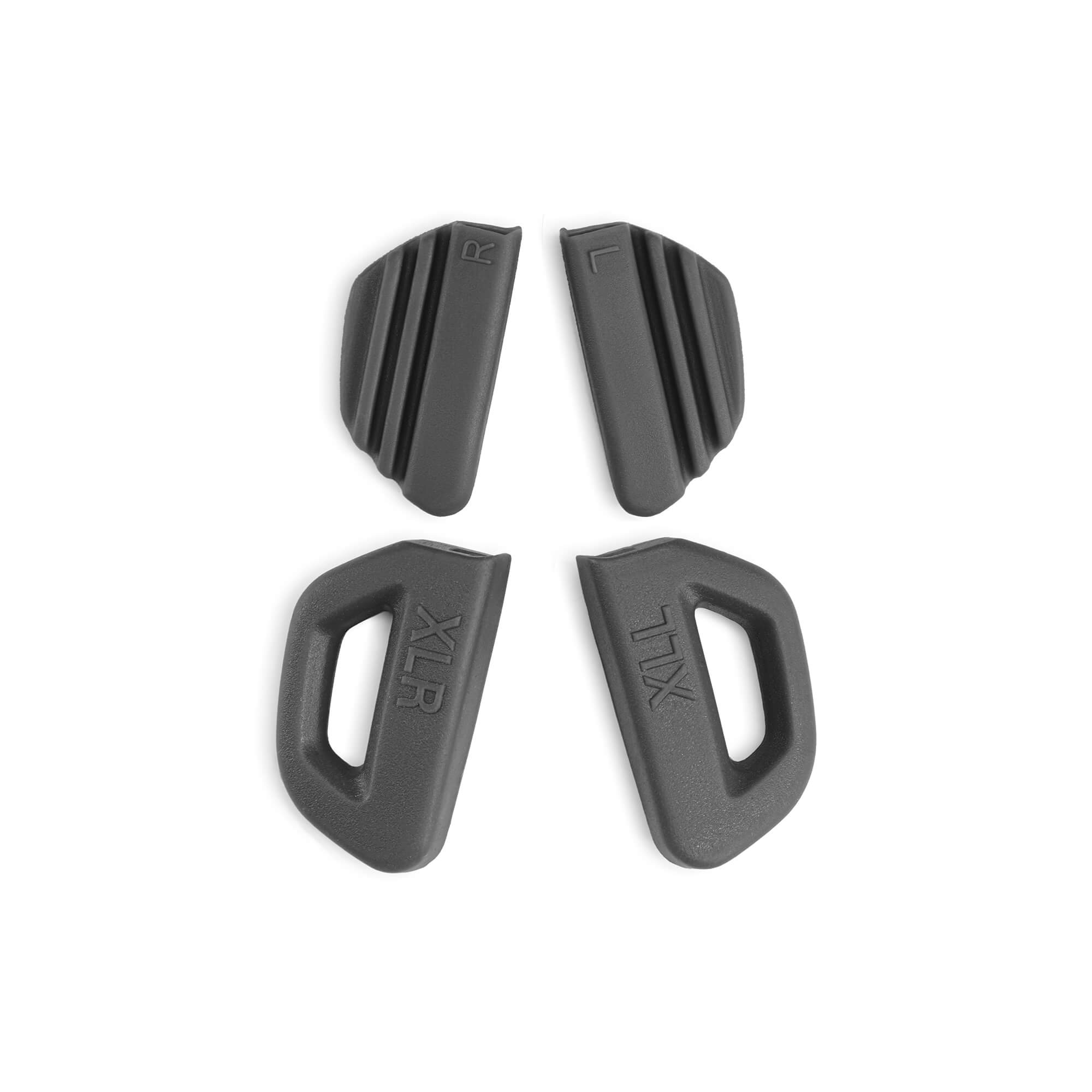 Four dark grey textured nose pads by BRIOTI, two ribbed and marked 'R' and 'L', two loop style marked 'XLR' and 'XLL'.