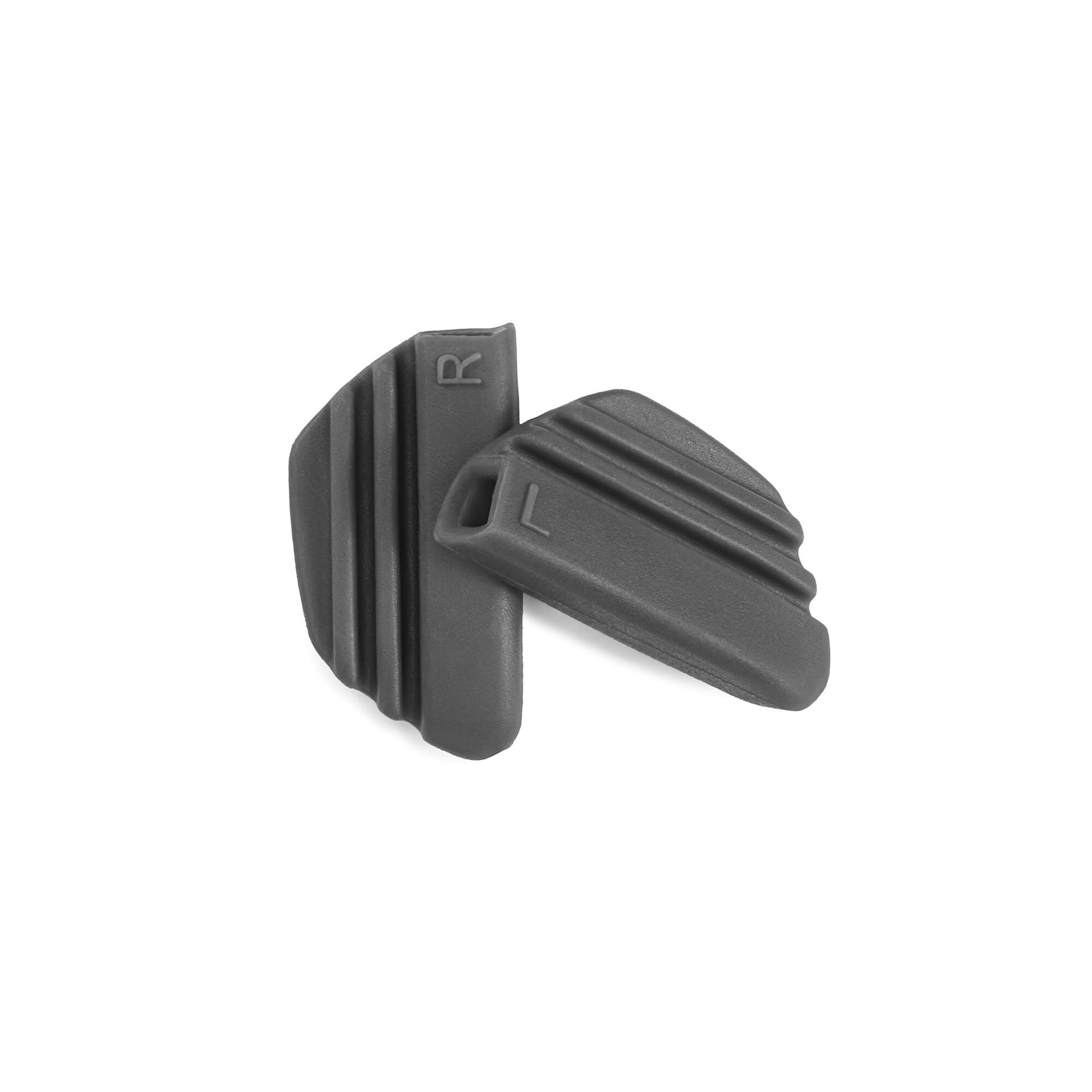 Dark grey nose pads by BRIOTI with 'R' and 'L' markings and ribbed texture.