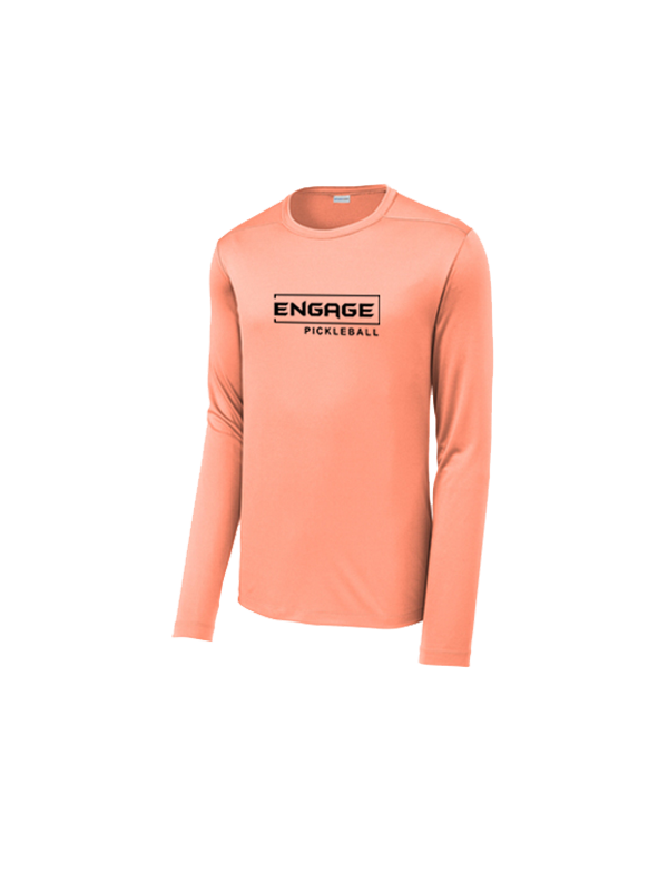 Peach men's long sleeve crew neck shirt by EngagePickleball with a black "ENGAGE PICKLEBALL" logo on the chest.