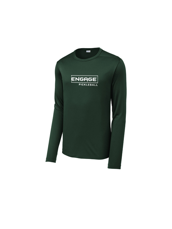 Dark green men's performance long sleeve crew shirt by EngagePickleball, with a white 'ENGAGE PICKLEBALL' chest logo.