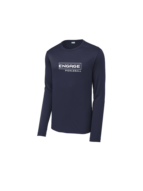 Dark blue men's long sleeve crew neck shirt by EngagePickleball, with a white 'ENGAGE PICKLEBALL' logo on the chest, angled front view.