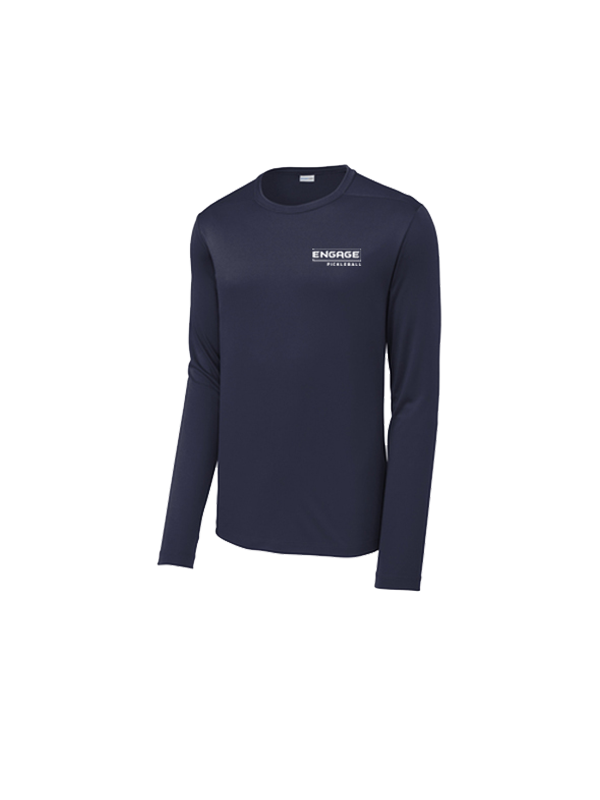 A navy blue men's long sleeve crew neck performance shirt by EngagePickleball, featuring a small white logo on the left chest.