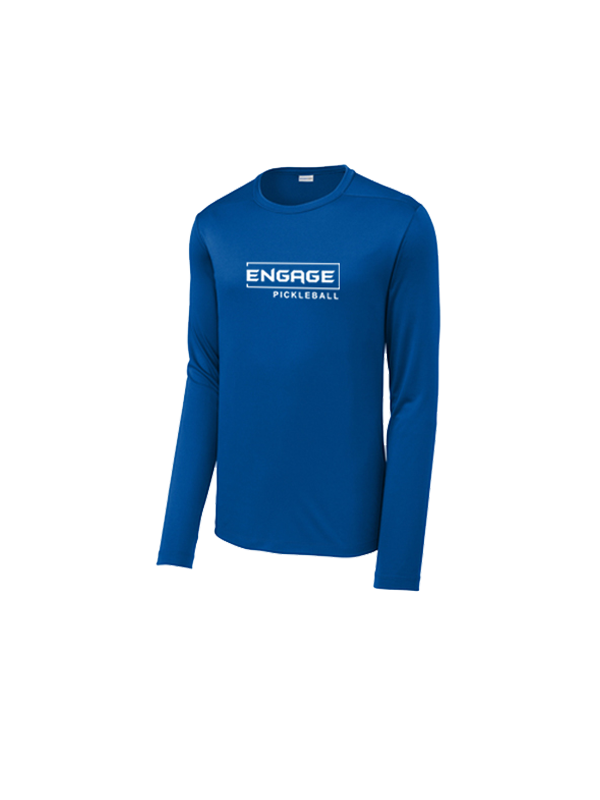 Men's blue long sleeve crew neck shirt from EngagePickleball, with a white 'ENGAGE' logo framed in a rectangle above 'PICKLEBALL' on the chest.