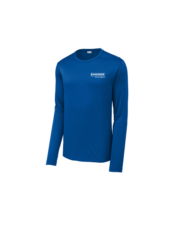 A royal blue long sleeve crew shirt by EngagePickleball, featuring a small white chest logo on the left.