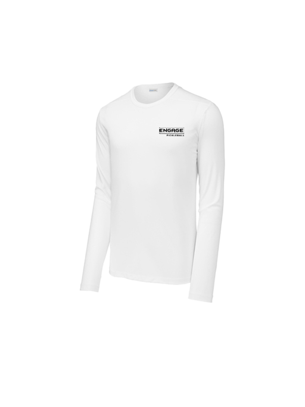 White men's long sleeve crew neck shirt by EngagePickleball, featuring "ENGAGE PICKLEBALL" logo on the left chest.