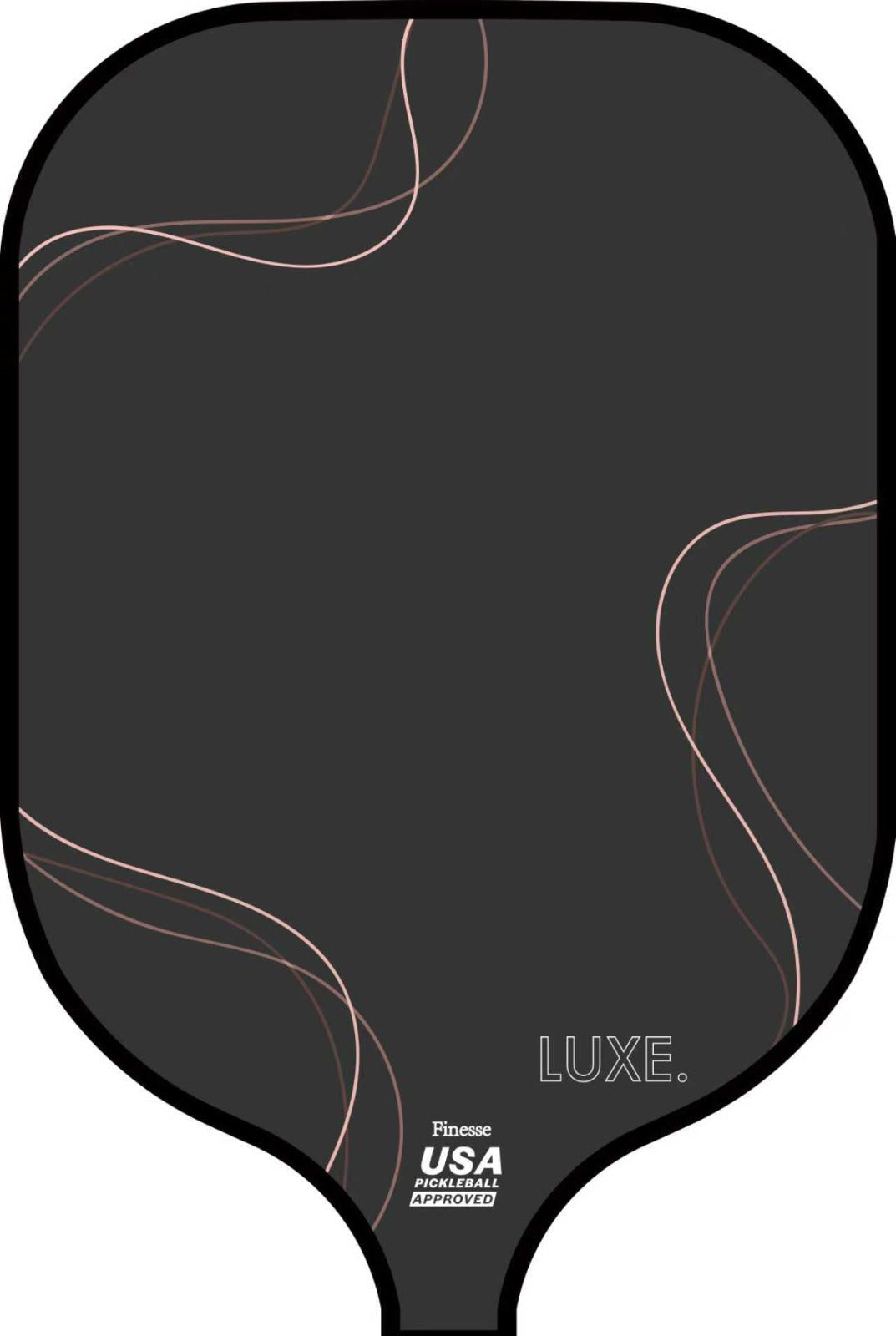 Dark gray pickleball paddle by LUXE Pickleball with rose gold wavy lines and 'Finesse USA PICKLEBALL APPROVED' logo.