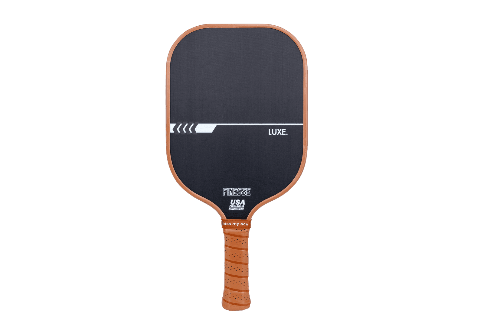 Black pickleball paddle by LUXE Pickleball, with brown trim and textured grip, displaying 'Finesse', 'LUXE.', 'USA Pickleball Approved', and an arrow graphic.