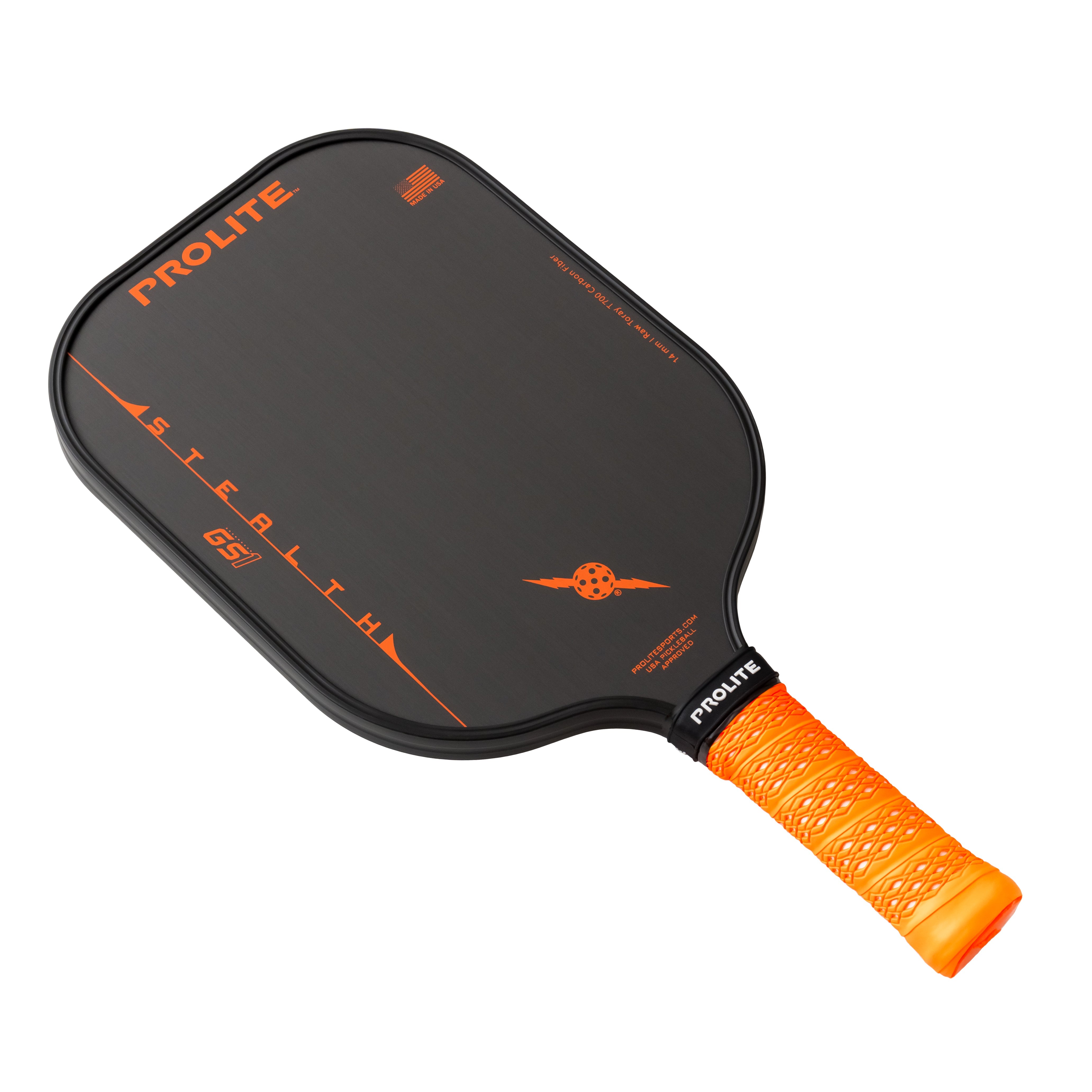 An angled view of a black and orange Prolite Stealth GSI pickleball paddle with an orange grip.