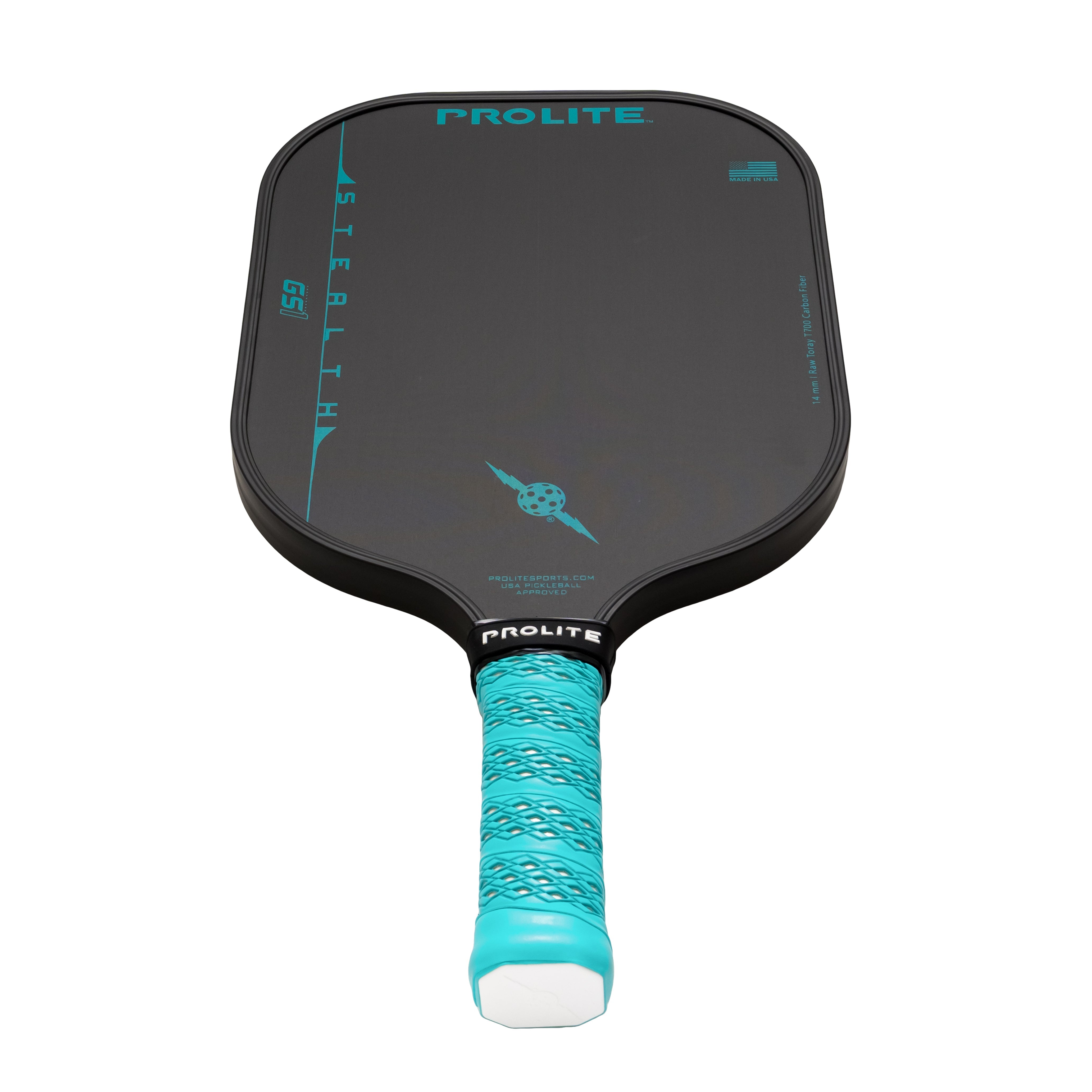 A black and teal Prolite Stealth GS pickleball paddle with a teal grip.