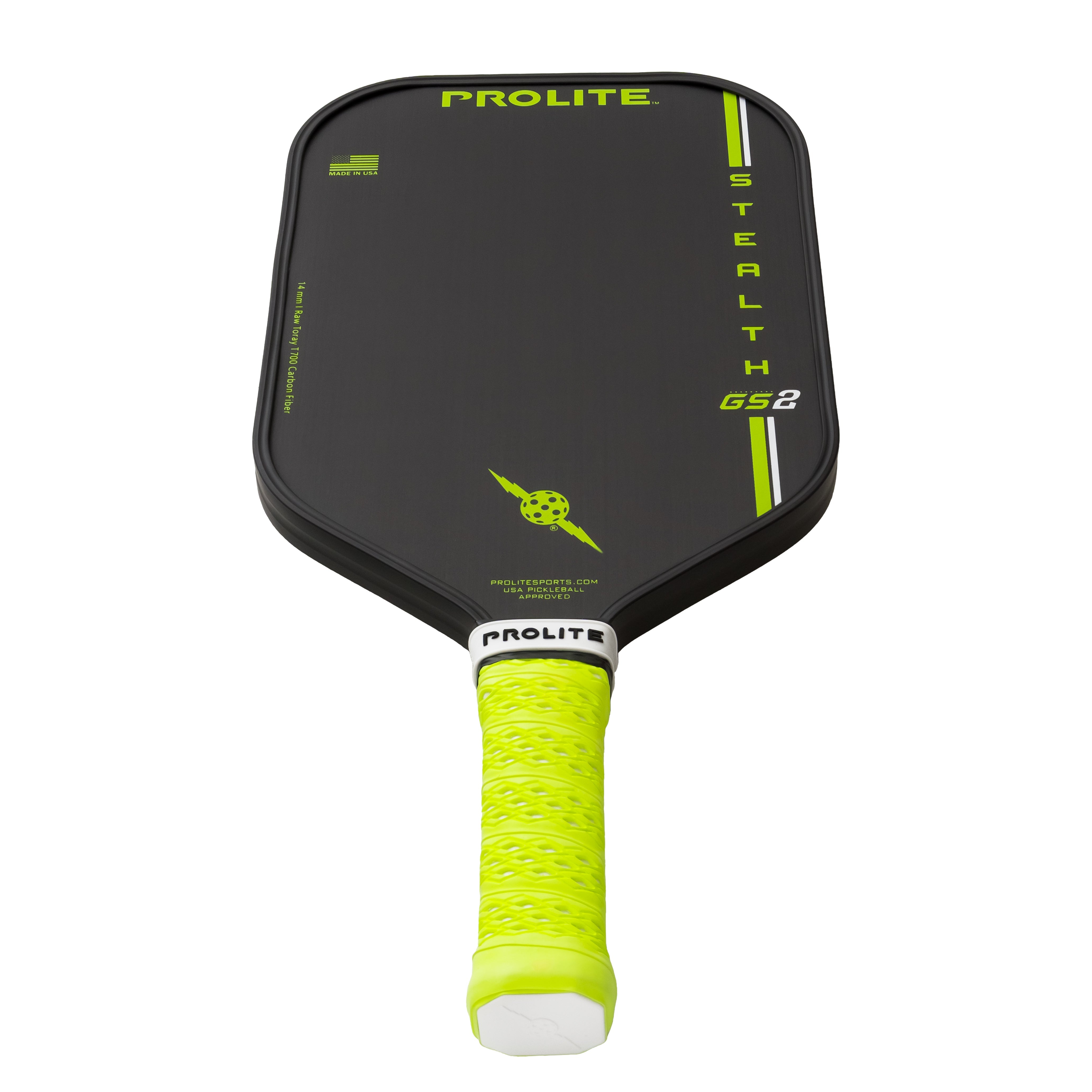 Pickleball paddle, black, neon green handle.