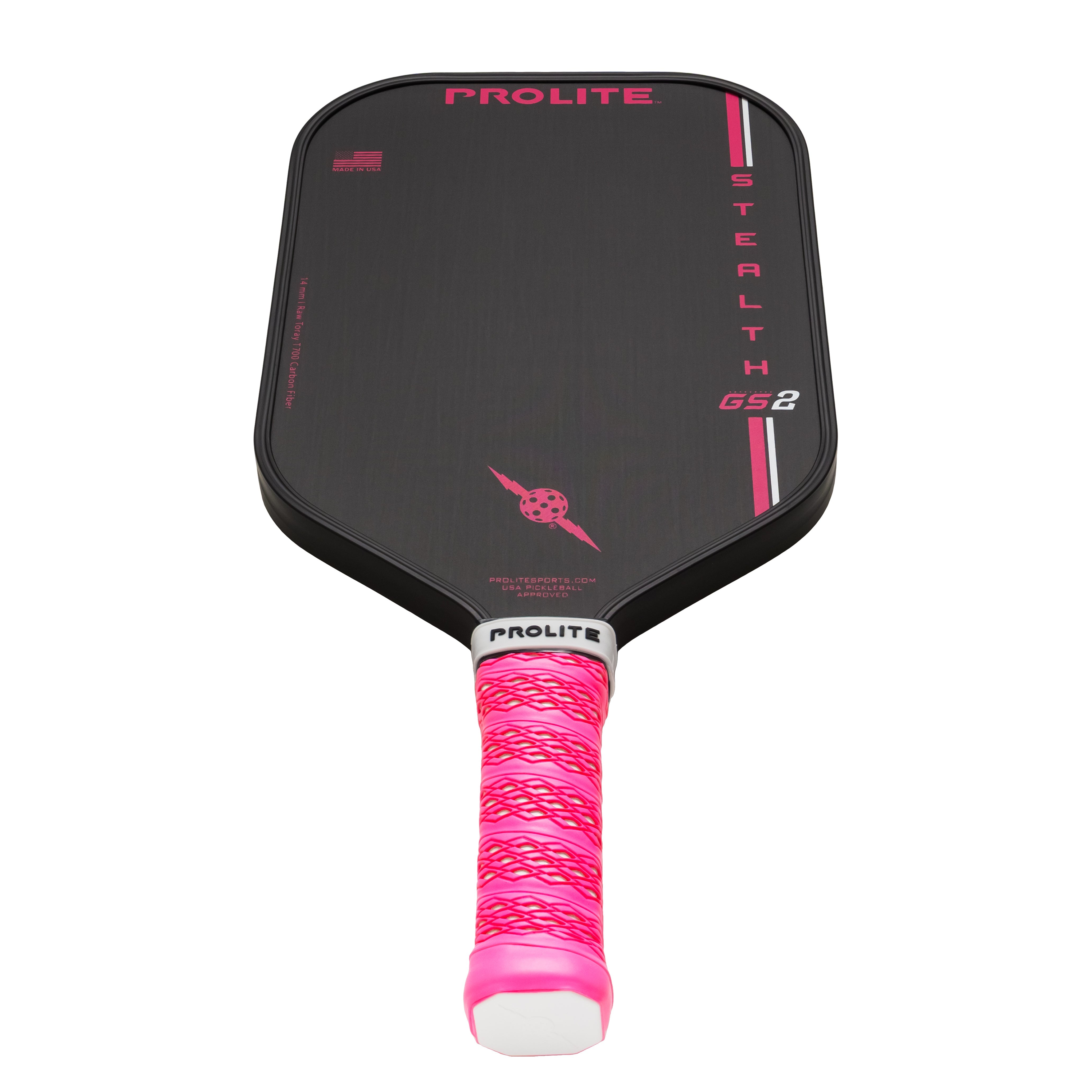 Pink and black pickleball paddle.