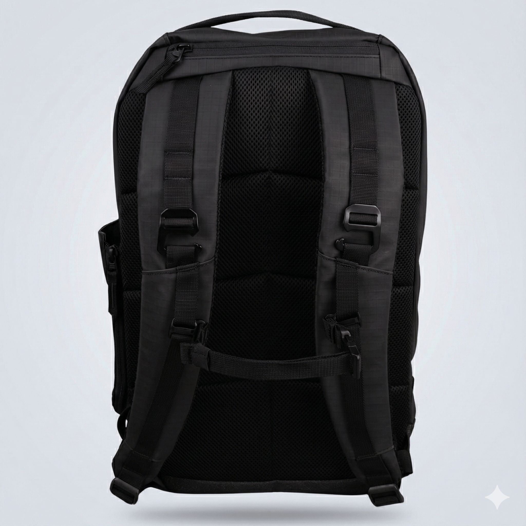 Black Court Ranger Pickleball Backpack by FORWRD with padded mesh back, adjustable straps, and top handle, shown from the back.