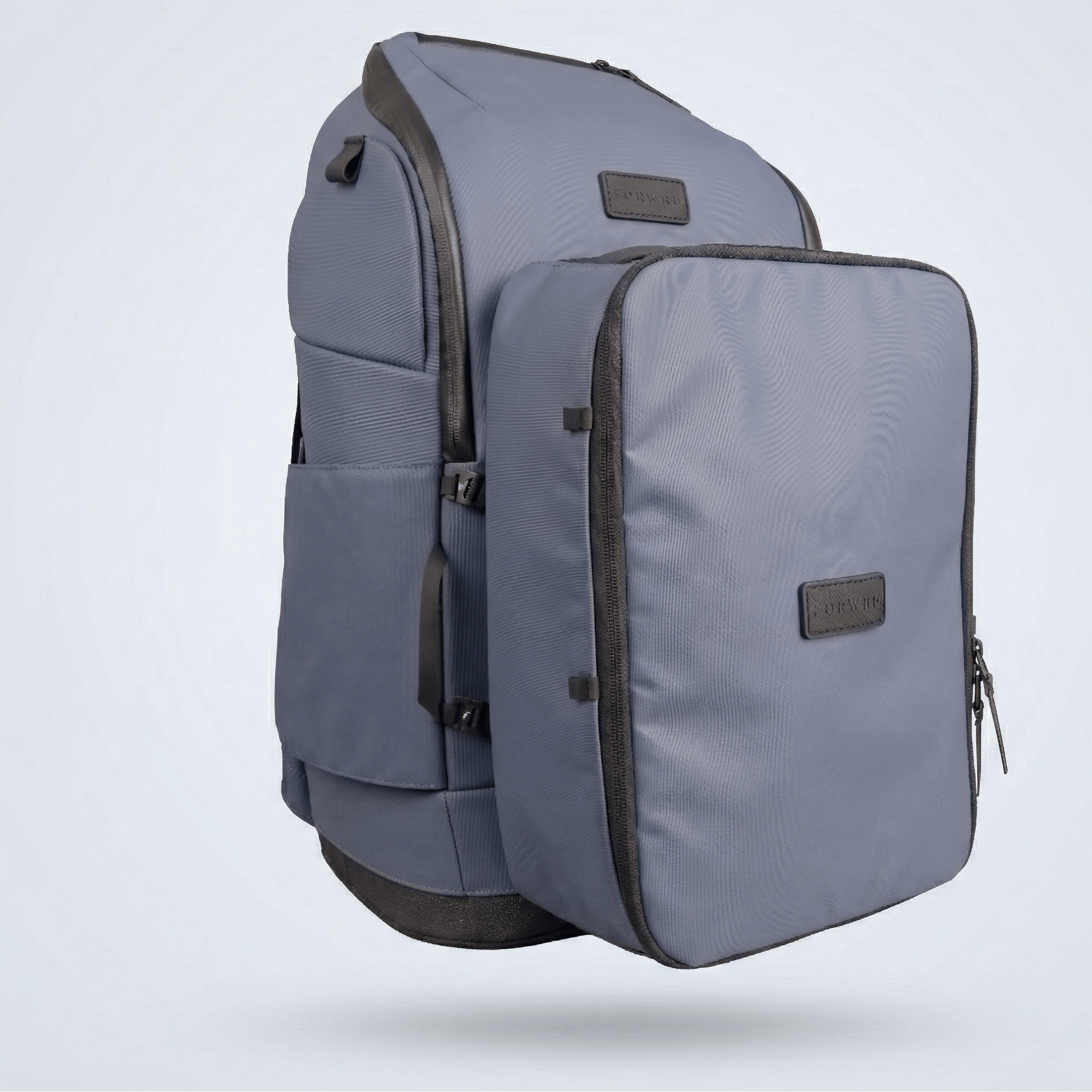 Grey Court Caddy Shoe Cube by FORWRD, attached to a matching backpack, with black trim and embossed logo.