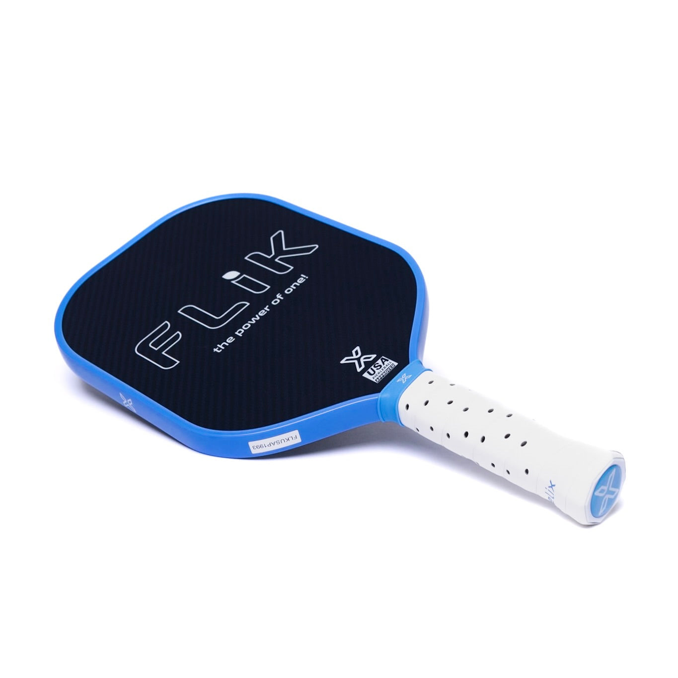 Blue and black Flik pickleball paddle with a white handle.