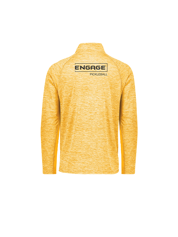 Yellow heathered men's 1/2 zip pullover by EngagePickleball, with a black "ENGAGE" logo in a box and "PICKLEBALL" text below, on the back.