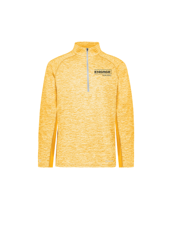 Men's yellow heathered 1/2 zip pullover by EngagePickleball, featuring a silver zipper, raglan sleeves, solid yellow side panels, and a small chest logo.