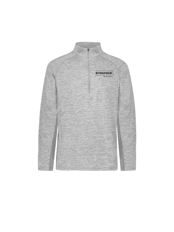 Light gray heathered men's 1/2 zip pullover by EngagePickleball with a black 'ENGAGE PICKLEBALL' chest logo, raglan sleeves, contrast side panels, and a silver zipper.