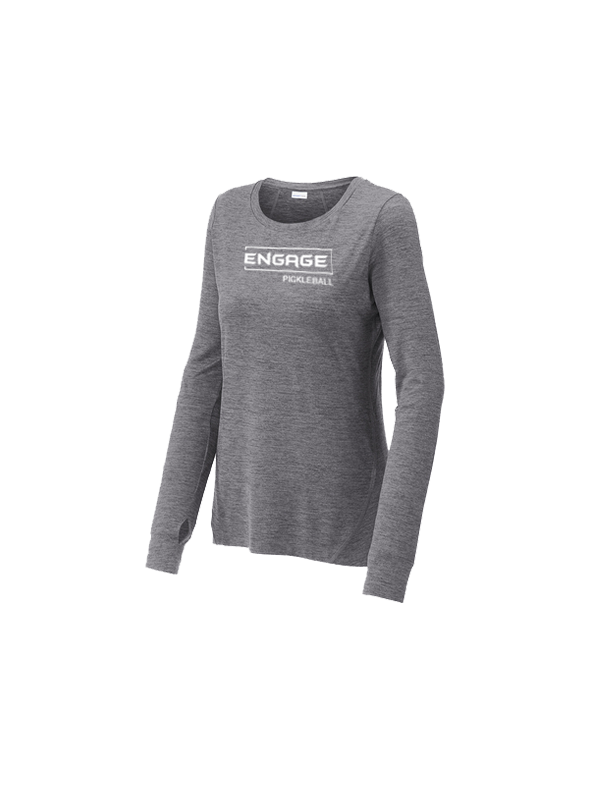 Women's grey heathered long sleeve crew shirt by EngagePickleball, with a white 'ENGAGE PICKLEBALL' logo on the chest and thumbholes.