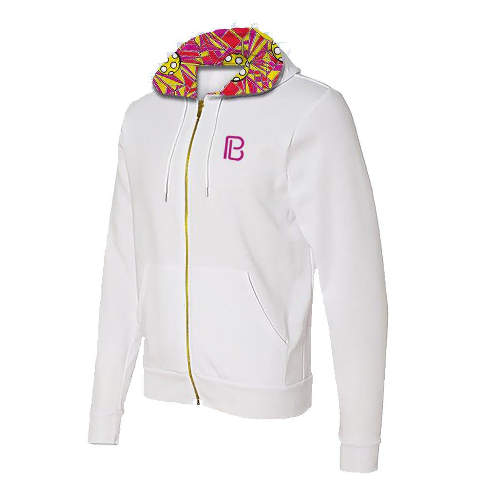 White full-zip hoodie by Pickleball Bella, angled view, featuring colorful patterned hood lining, magenta logo, gold zipper, and front pouch pocket.