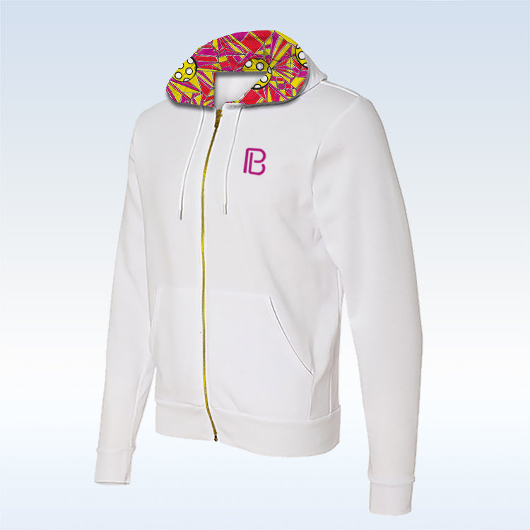 White Full-Zip Hoodie by Pickleball Bella with a vibrant pink and yellow abstract patterned inner hood, gold zipper, and pink B logo.