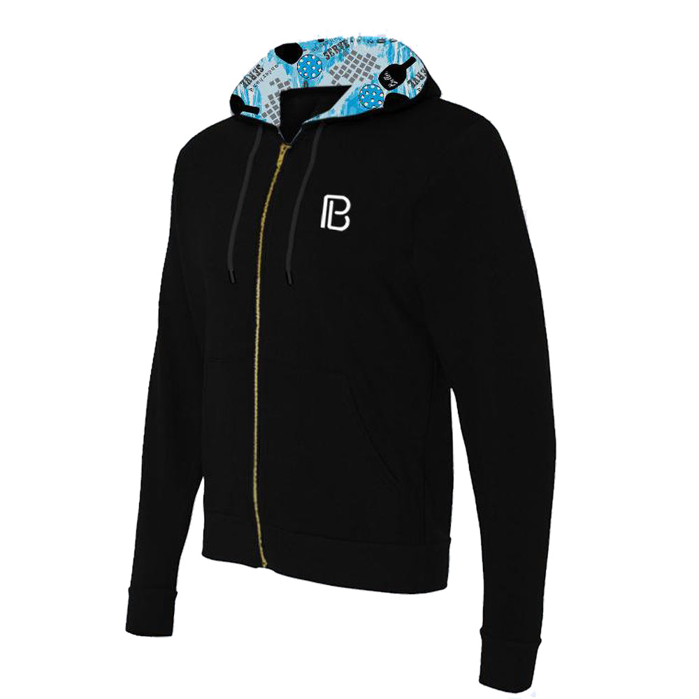 Black Full-Zip Hoodie by Pickleball Bella, with patterned hood lining, gold zipper, and white 'B' logo.